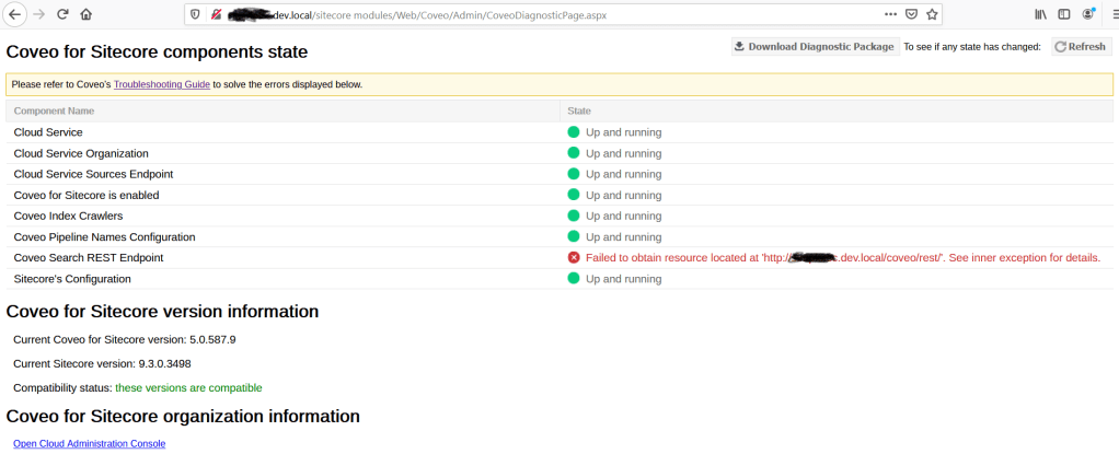 Coveo Diagnostic Page REST API Error